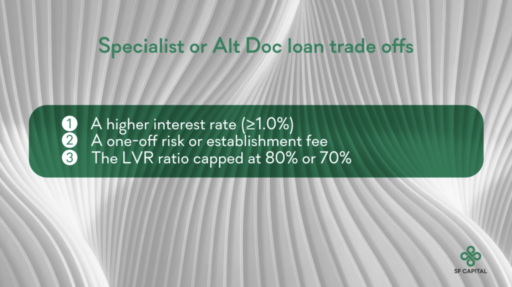 Specialist or alt doc loan trade offs are in a higher interest rate, a risk fee and a cap on the Loan Valuation Ratio.